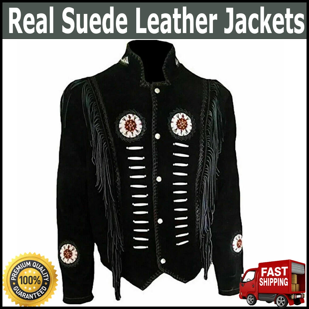 Men's Black Western Style Suede Cowboy Leather Jacket with Fringes