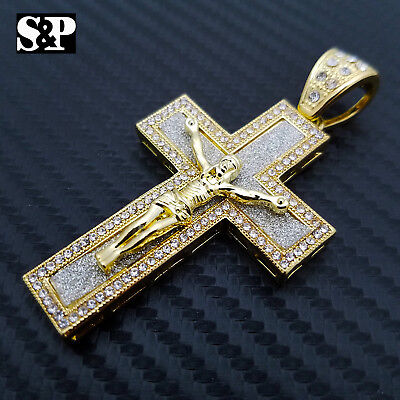 Real 18k Gold Filled Jesus Cross Lab Simulated Diamonds Crystal Charm Pendant 3"