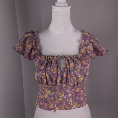Womens Top Small Cropped Purple Floral Milkmaid Blouse Y2K Cottage Farmhouse NEW