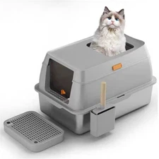 Extra Large Stainless Steel Enclosed Cat Litter Box with Lid, Scoop, Little Step