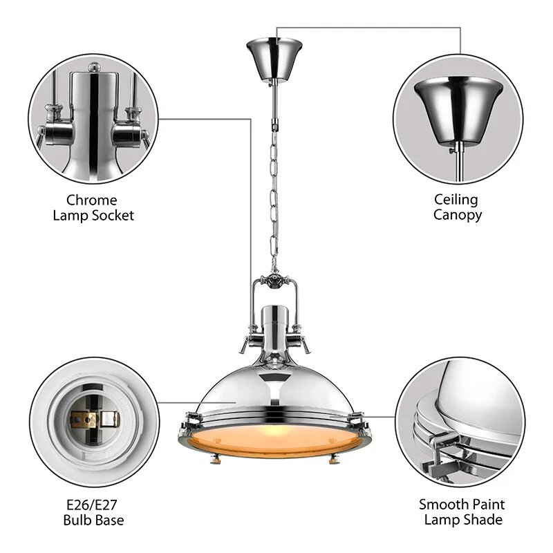 Lámpara colgante industrial náutica cromada con accesorio montado en difusor esmerilado Foto 4 de 4