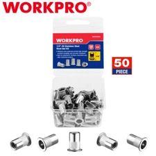 WORKPRO 50PC Rivet Nuts Flat Head Threaded Insert Stainless Steel Rivnut 1/4"-20