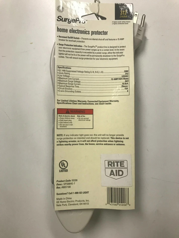 GE SurgePro 6-Outlet Home Electronics Protector 312 Joules, 3-ft. 14 AWG 3-wire - Image 2 of 3