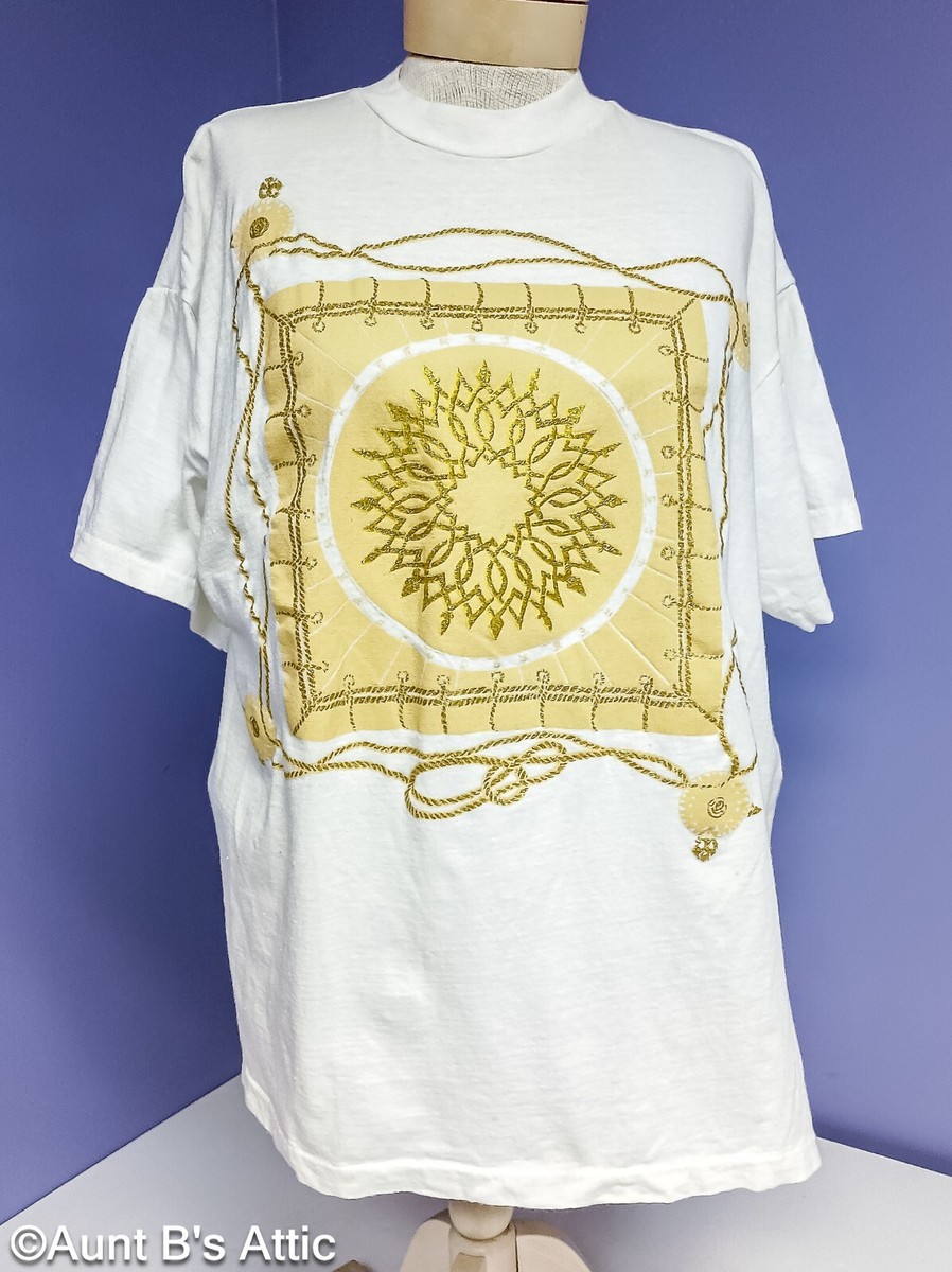 トップス 90s archive glitter boarder l/s T-shirt T-Shirt Vintage 90's Unisex Wht/Gold Glitter Nautical Theme 100