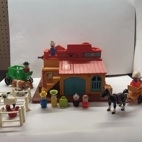 Vintage Fisher Price Little People Western Town #934 with Extras Dog Horses Girl