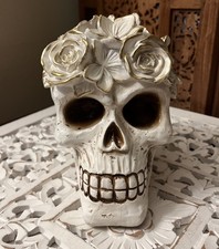Grinning Skull Figure 8 inch With Floral Embellishments NEW Halloween Home Decor