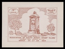 1954 SOJEX STAMP SHOW LABEL - TEA BURNERS MONUMENT, GREENWICH, N.J.