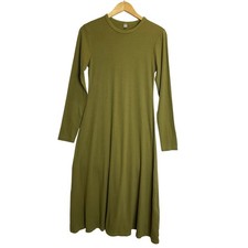 Uniqlo Green Ribbed Long Sleeve Dress Maxi Stretch Casual Minimalist Comfort S