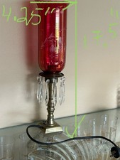 Vintage Etched Cranberry Glass Hurricane Chimney Lamp W Brass Base & Prisms +xtr