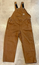 Carhartt R01 BRN Brown Duck Bib Overalls Double Knee Unlined Men's 46x30 Faded