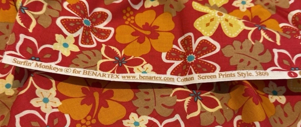 Benartex Fabric SURFIN MONKEYS Tropical Floral Print Red Orange Yellow 36 x 44” - Image 3 of 3