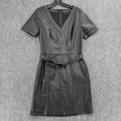 White House Black Market Dress Womens 6 Black V Neck Belted Mid Length