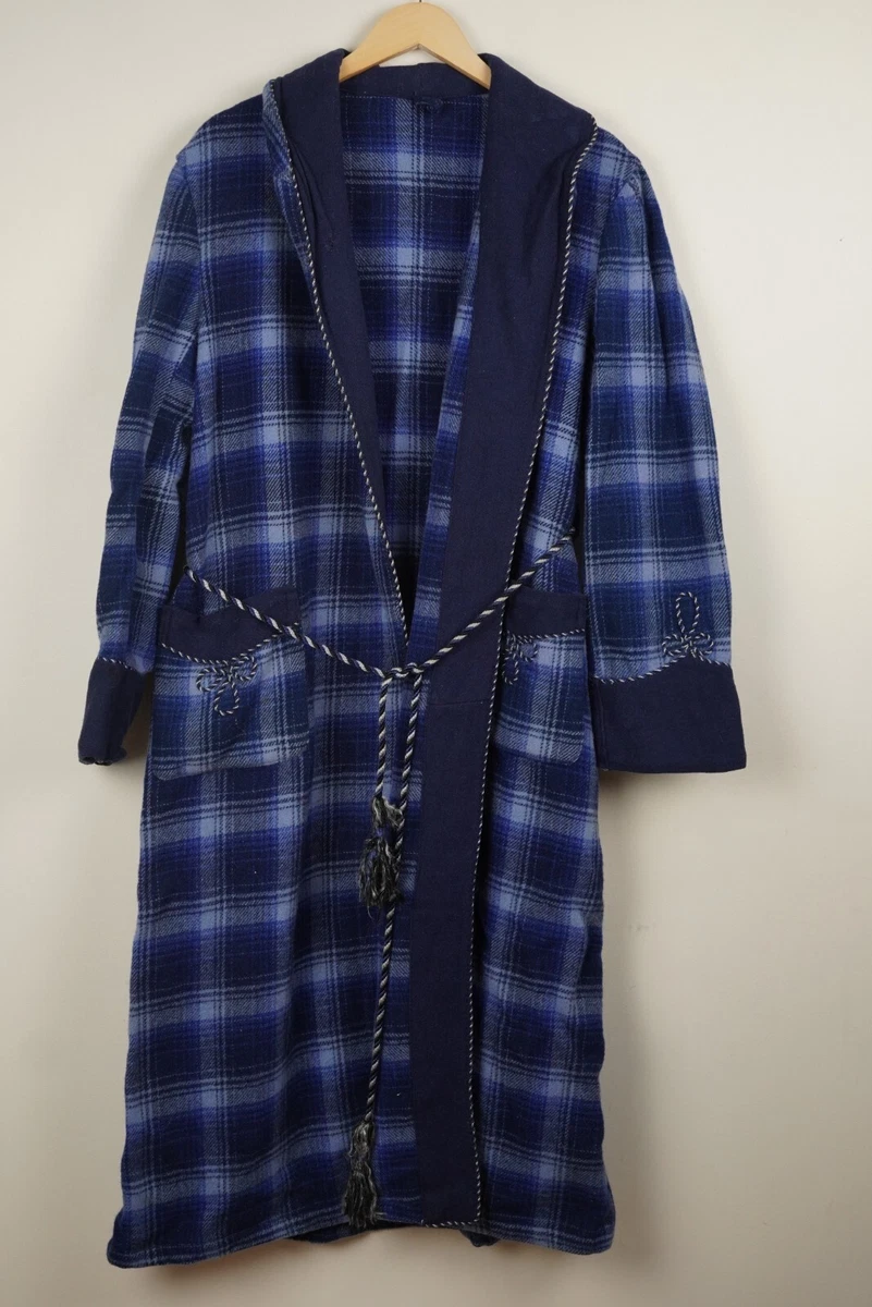 Vintage SEFTON Mens Blue Plaid Pure New Wool Dressing Gown Robe