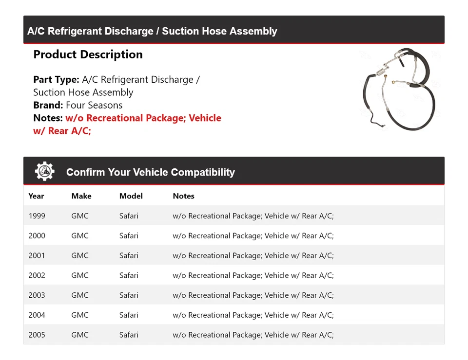Conjunto de manguera de succión/descarga de refrigerante aire acondicionado GMC Safari 1999-2005 4 estaciones Foto 2 de 4