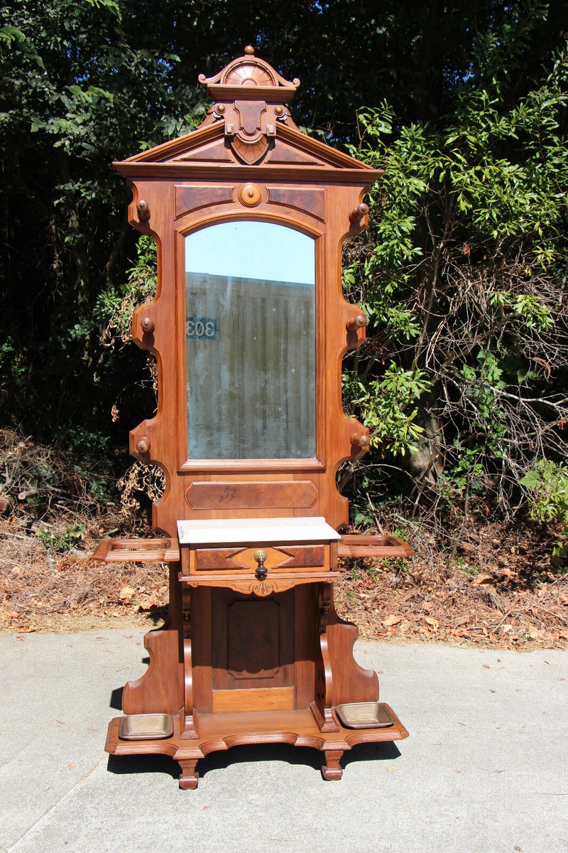 Fancy Walnut Victorian Renaissance Revival Marble Top Hall Tree