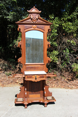 Fancy Walnut Victorian Renaissance Revival Marble Top Hall Tree