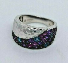 Hand Hammered Multi-Gem Amethyst Topaz Sterling Silver Ring sz 7