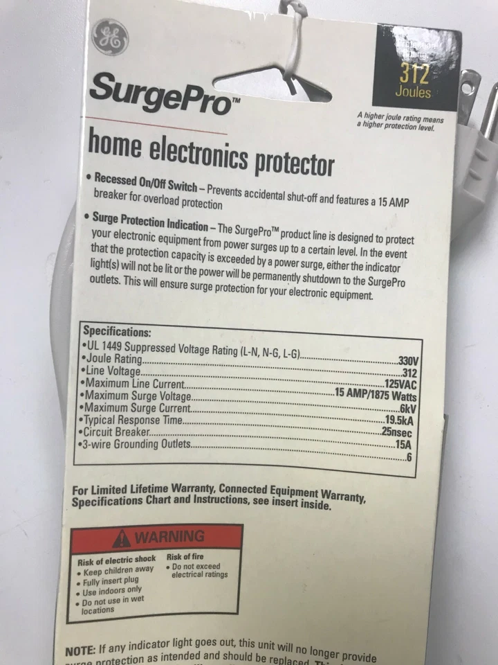 GE SurgePro 6-Outlet Home Electronics Protector 312 Joules, 3-ft. 14 AWG 3-wire - Image 3 of 3