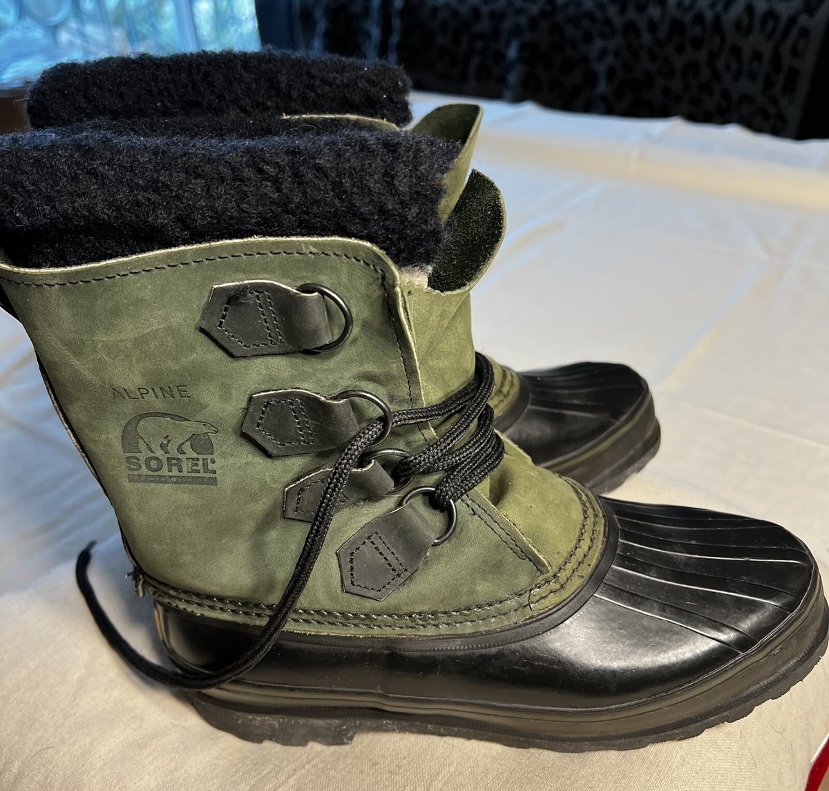 Sorel Alpine Green Insulated Leather Rubber Duck Snow Lace  display picture 1