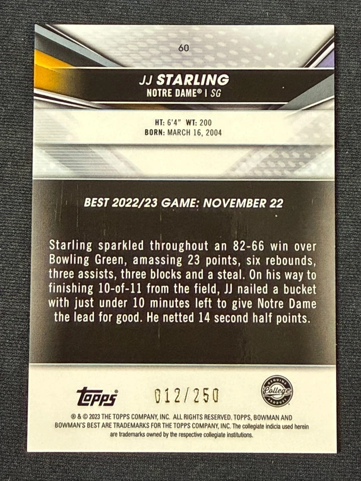 2022-23 Bowman University Best JJ Starling #60 Purple Refractor 12/250 (RC) - Image 2 of 2