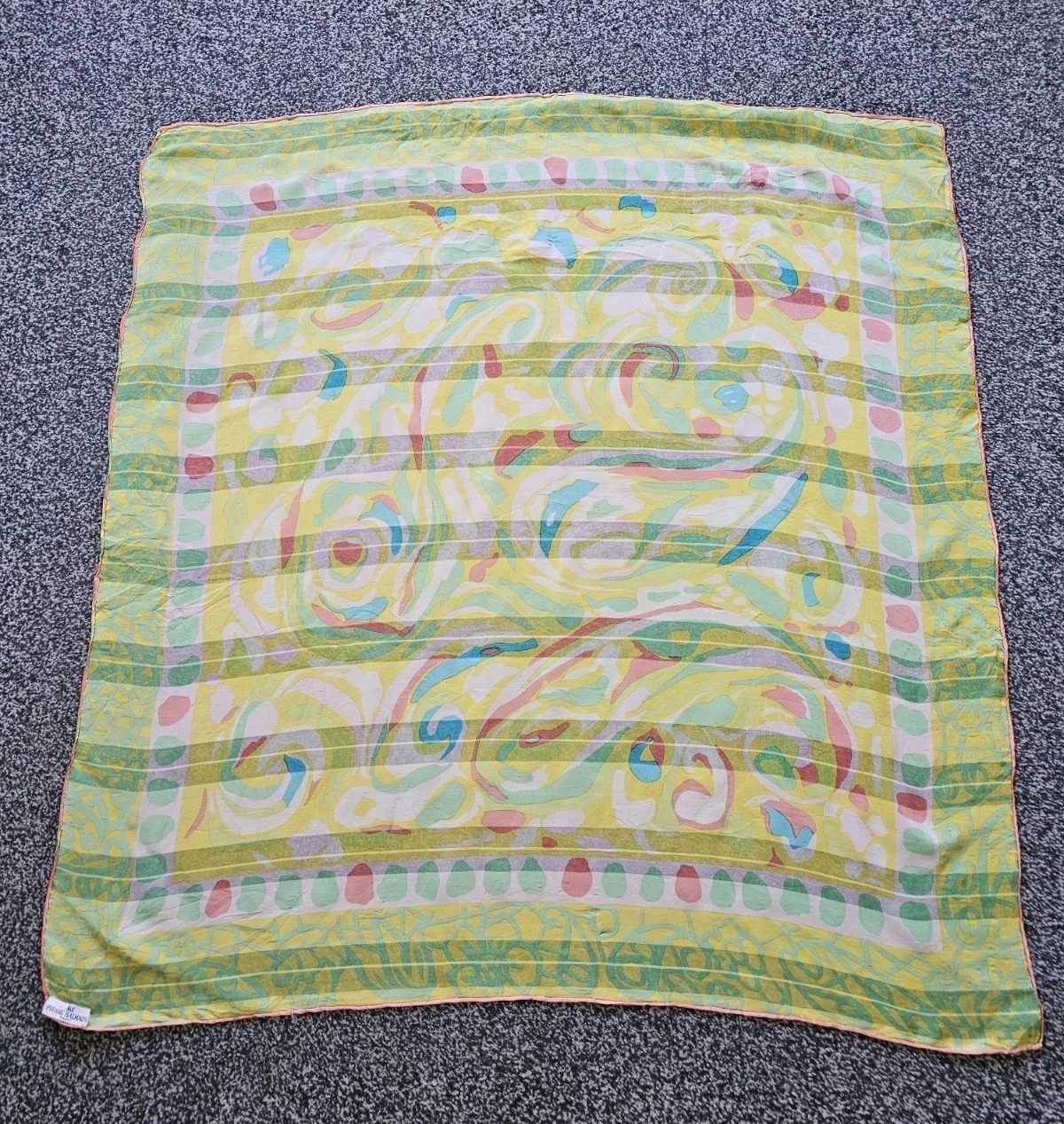 VTG Pierre BALMAIN Silk Scarf Yellow Colourful Abstract 33x33 Inches Neck Warmer
