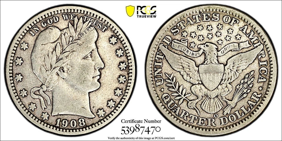 1908-O BARBER QUARTER / PCGS VF35 / HARD TO FIND / PRISTINE / REGISTRY QUALITY - Image 4 of 4
