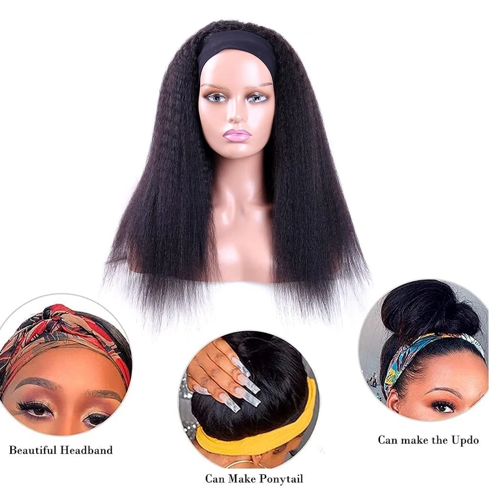 Headband Wig Human Hair kinky straight None Lace Front Wig Yaki Human Hair Wig - Image 3 of 4
