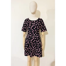 Next Women’s Black Pink Floral Skater Dress UK 18 Pockets Short Sleeve