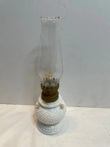 Vintage Mini Oil Kerosene Lamp Hobnail White Milk Glass Roses 8.5"  x  2.75"