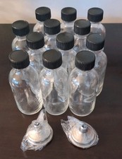 12 Pack, 2 oz Small Clear Glass Bottles w/Lid  2 Funnels