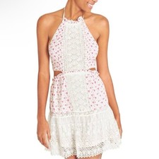 NWT LoveShackFancy Kesia Dress L Poppy Pink Mini Halter Floral Lace Cutout White