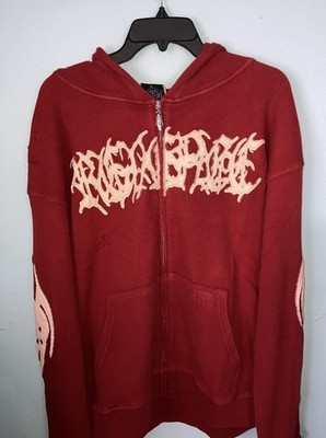 Revenge Men s Red Waffle Cotton Full Zip Graphic Print Hoodie Pockets Size L