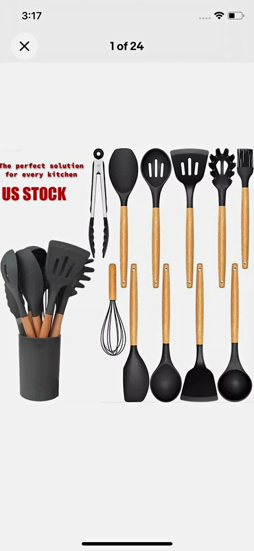 12-Piece Black Silicone Non-Stick Cooking Utensil Set, Wood Handles Tongs