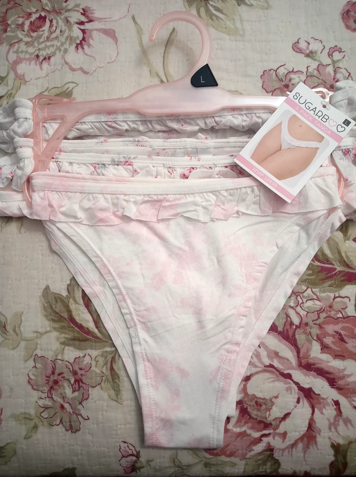 SugarBoo Womens 3 PK Floral Tanga Cheeky Panty Ruffle Top Trim Sz S~M~L~XL ~ NWT - Image 3 of 4