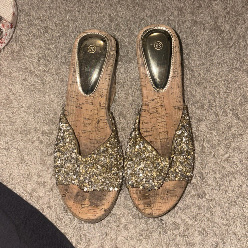 Women’s Beige/Gold Suede Wedge Slide Sandals Beaded Strap EU 38 US 7