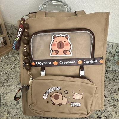 Beige Capybara Graphic Print Tote Top Handle Zip Front Zipper Pockets Charm