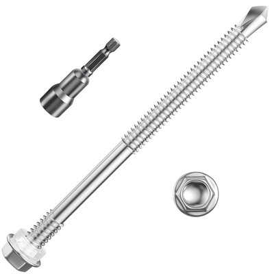 100 Pcs #12x4'' Hex Washer Head Self-Drilling Tek Screws, 410 SS