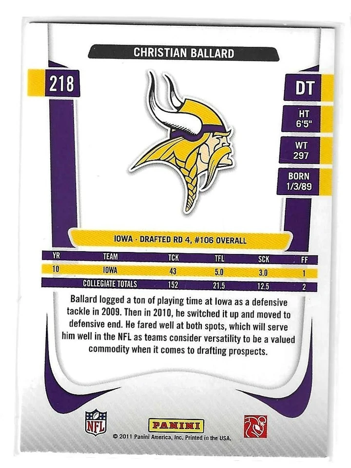 CHRISTIAN BALLARD 2011 PANINI PRESTIGE ROOKIE RC MINNESOTA VIKINGS $1.99 ROOM - Image 2 of 2