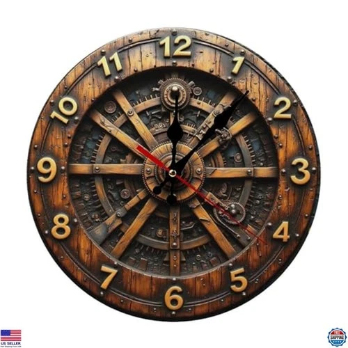 Steampunk Vintage Gear 10-Inch 2D Wooden Wall Clock - Frameless Silent Quartz