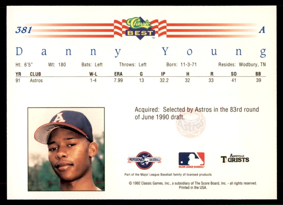 1992 Classic Best Danny Young Baseball Cards #381 - Image 2 of 2