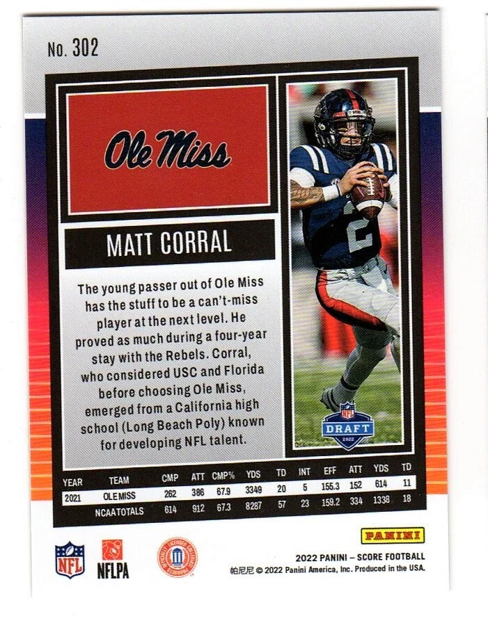 Matt Corral 2022 Score Base Dynamics 3D Rookie Parallel Card Case Hit SSP RC 302 - Image 2 of 2