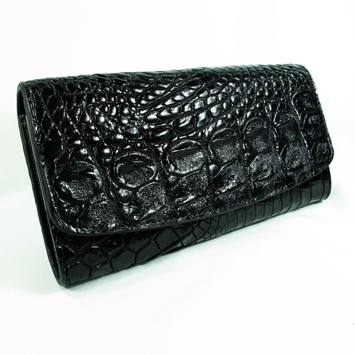 New EXSOOTTI Real Black Croc Leather Back Bone Skin Women Trifold Clutch Wallet - Picture 3 of 12