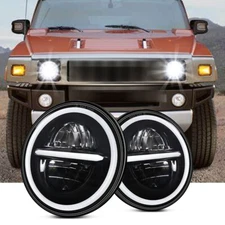 For Hummer H2 2003-2009 Pair 7" inch Round LED Headlights Halo DRL Angel Eyes
