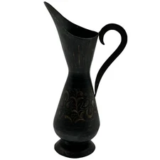 Metal Urn Pitcher 10" Black with Floral Design