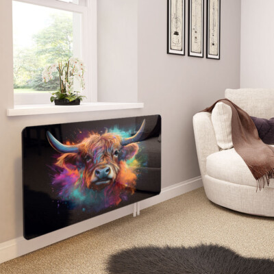 Glasheizkörperabdeckung bedruckt - Highland Cow auf schwarz - Made by Premier Range