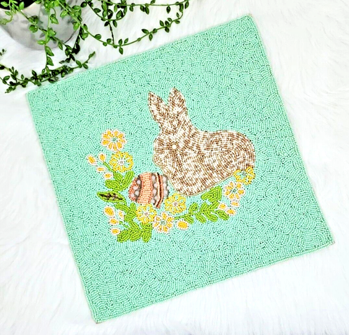 Easter Bunny Rabbit Beaded Placemat Charger 14.5" Eggs Flowers Mint Green