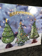 Set of 3 Vintage Christmas Tree Shaped Tealight Holders Hand Painted Metal NIB