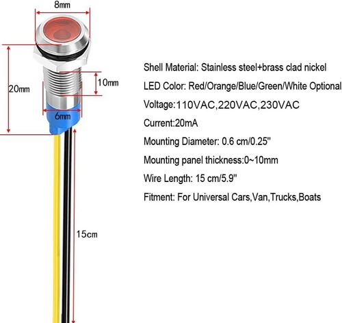 10pcs 6mm 1/4" AC/DC 12-24V LED Metal Indicator Light Waterproof Signal Pilot - Picture 12 of 144