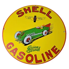 Vintage Shell Gasoline Sign - Green Streak Gas Pump Race Car Porcelain Sign