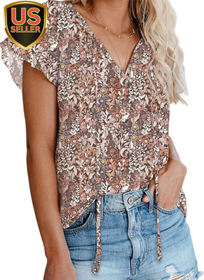 Women'S Casual Boho Floral Printed V Neck Tops Drawstring Short Long Sleeve T Sh